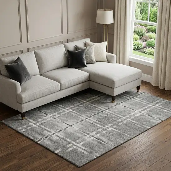 Gray And Ivory Plaid Washable Area Rug With UV Protection Photo 1