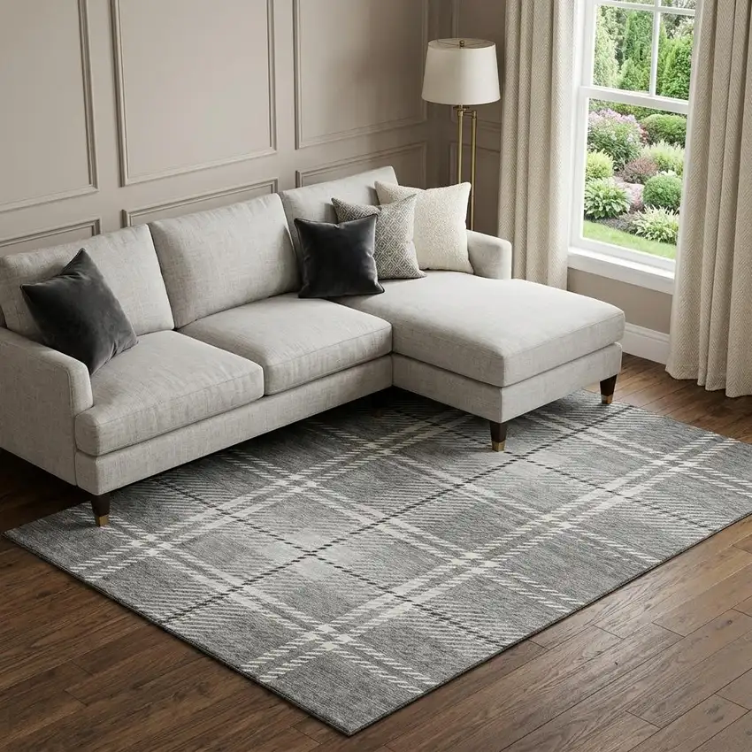 Gray And Ivory Plaid Washable Area Rug With UV Protection Photo 1