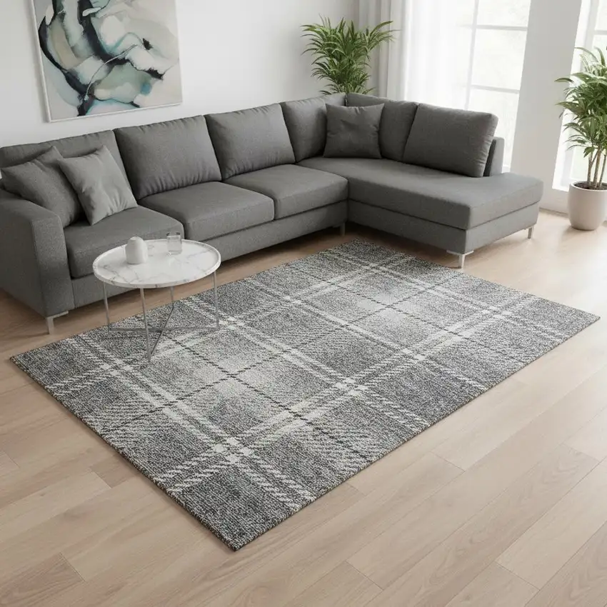 Gray And Ivory Plaid Washable Area Rug With UV Protection Photo 2