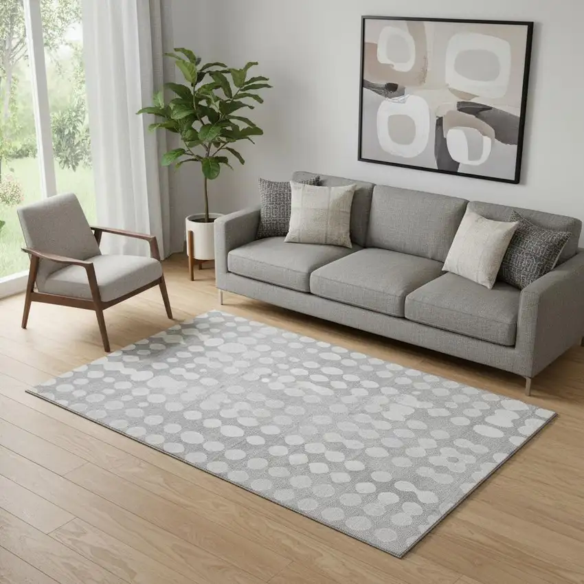 Gray And Ivory Polka Dot Washable Area Rug With UV Protection Photo 1
