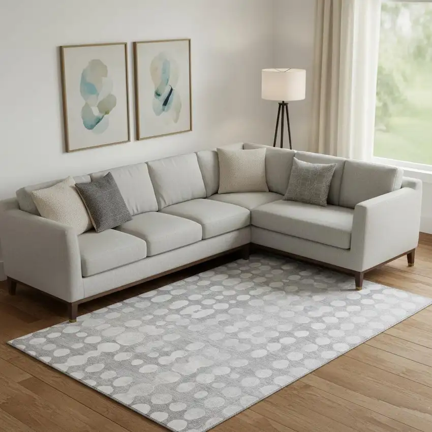 Gray And Ivory Polka Dot Washable Area Rug With UV Protection Photo 1