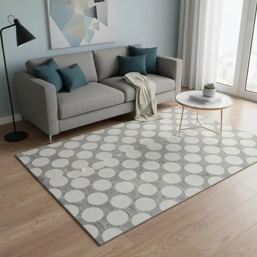 Gray And Ivory Polka Dot Washable Area Rug With UV Protection Photo 2