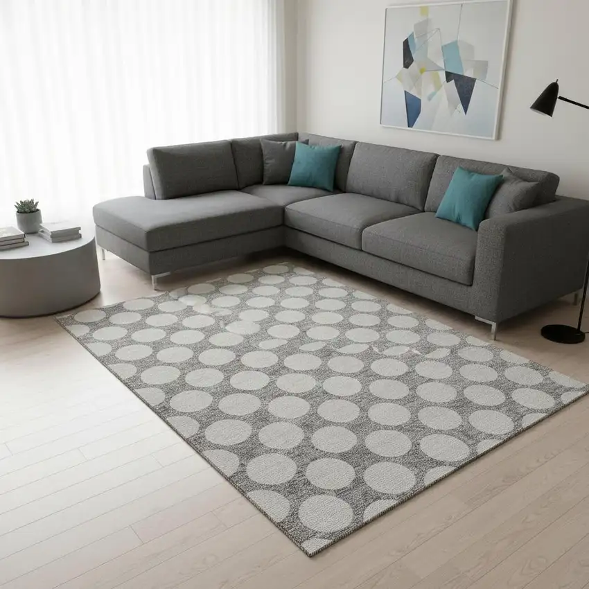 Gray And Ivory Polka Dot Washable Area Rug With UV Protection Photo 2