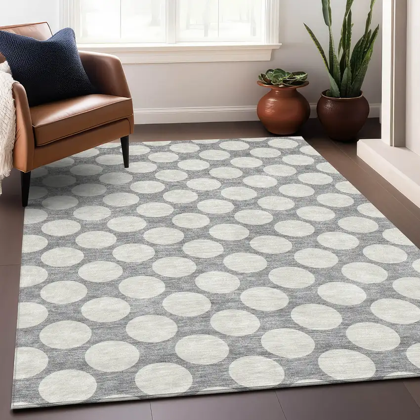 Gray And Ivory Polka Dot Washable Area Rug With UV Protection Photo 5
