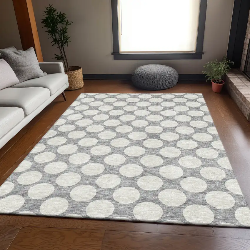 Gray And Ivory Polka Dot Washable Area Rug With UV Protection Photo 6