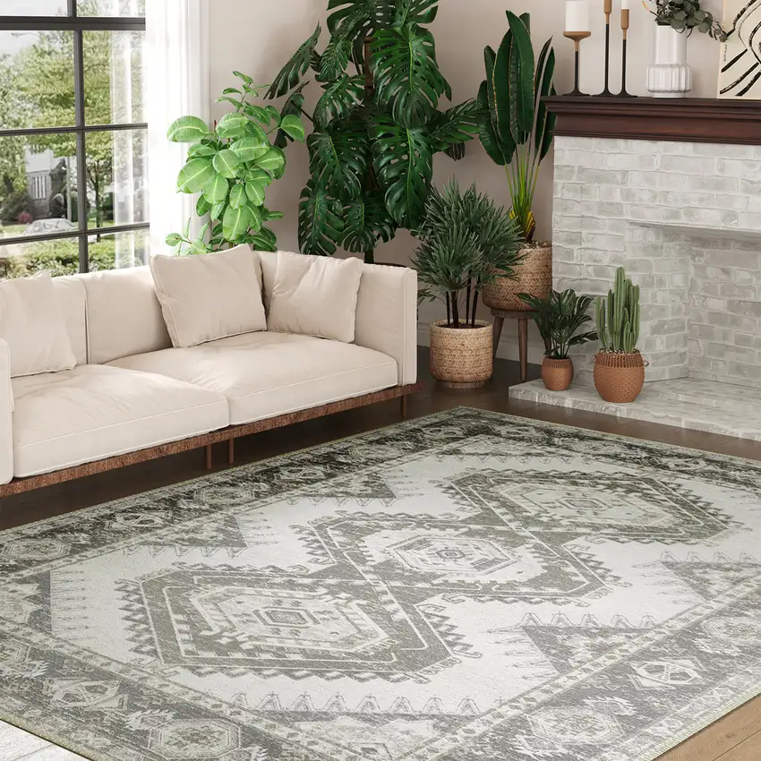 Gray And Ivory Southwestern Distressed Washable Area Rug Photo 8