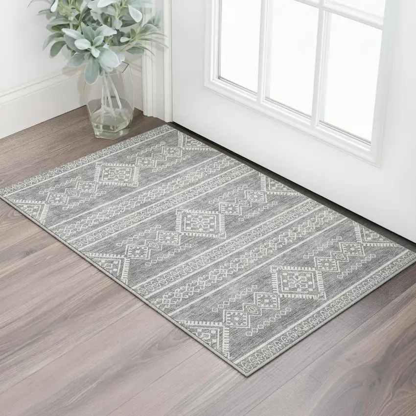 Gray And Ivory Southwestern Washable Area Rug With UV Protection Photo 2