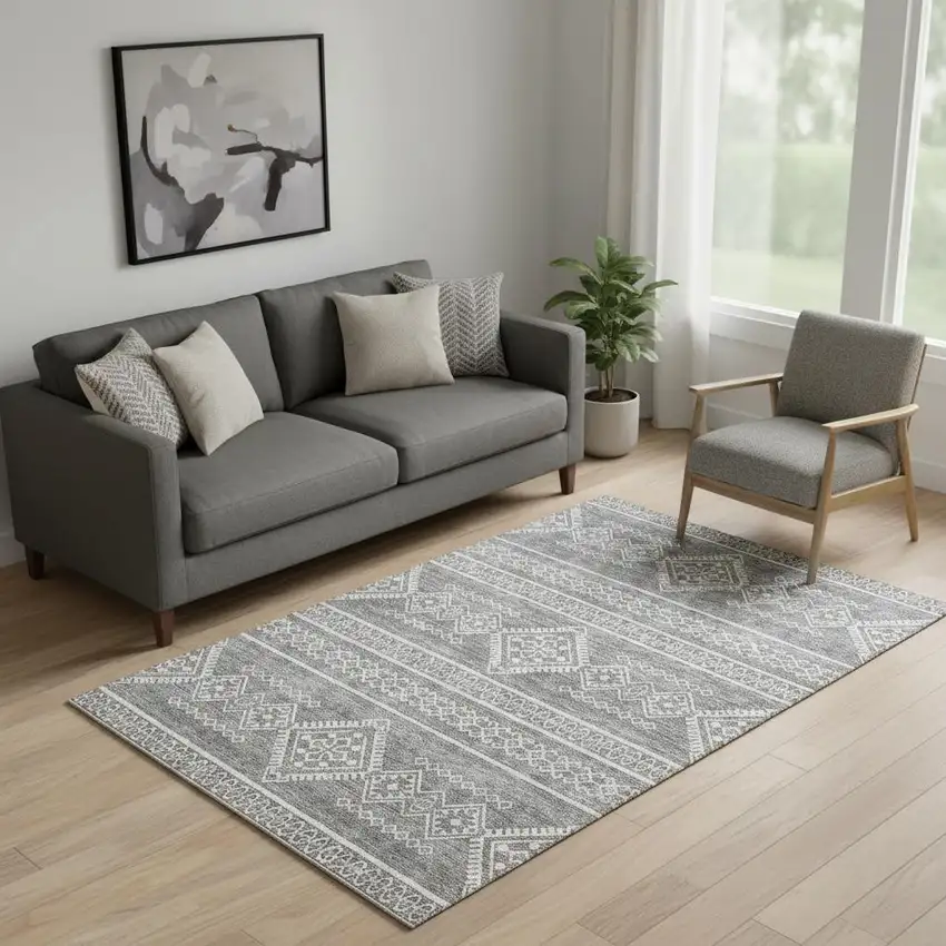 Gray And Ivory Southwestern Washable Area Rug With UV Protection Photo 1