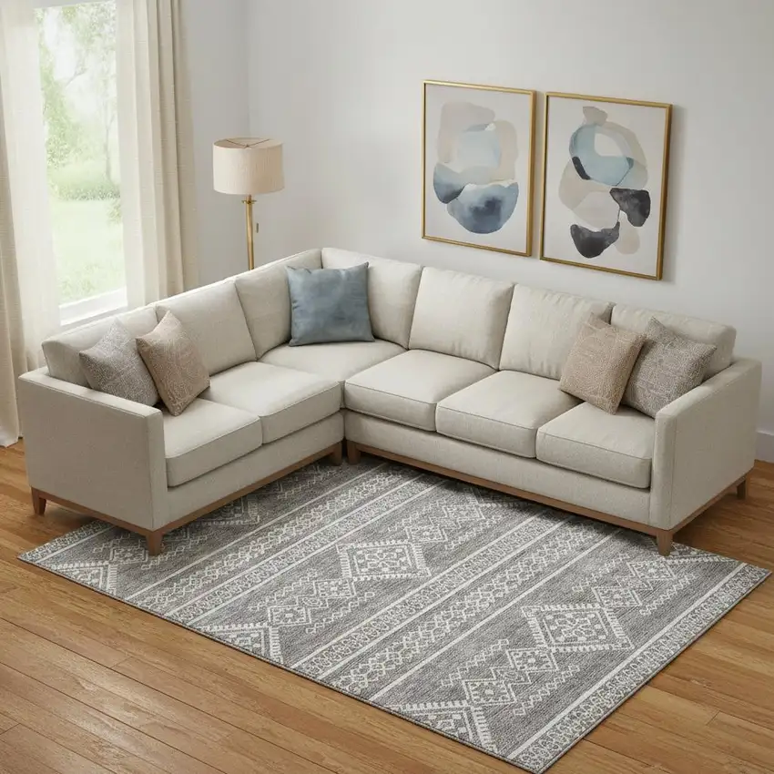 Gray And Ivory Southwestern Washable Area Rug With UV Protection Photo 1