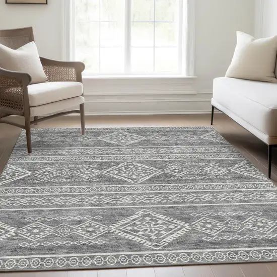 Gray And Ivory Southwestern Washable Area Rug With UV Protection Photo 6