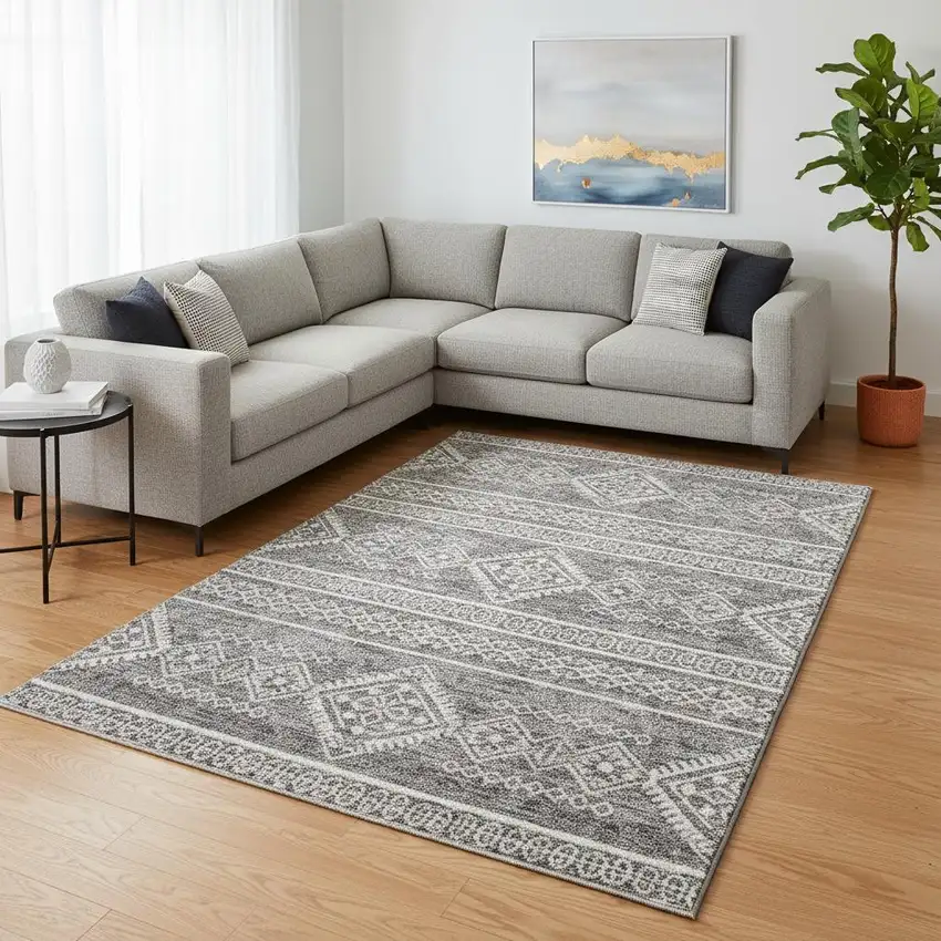 Gray And Ivory Southwestern Washable Area Rug With UV Protection Photo 2