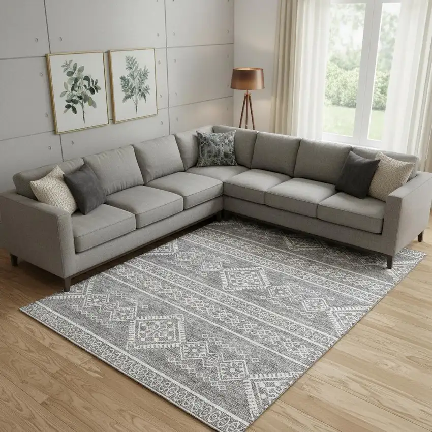 Gray And Ivory Southwestern Washable Area Rug With UV Protection Photo 1