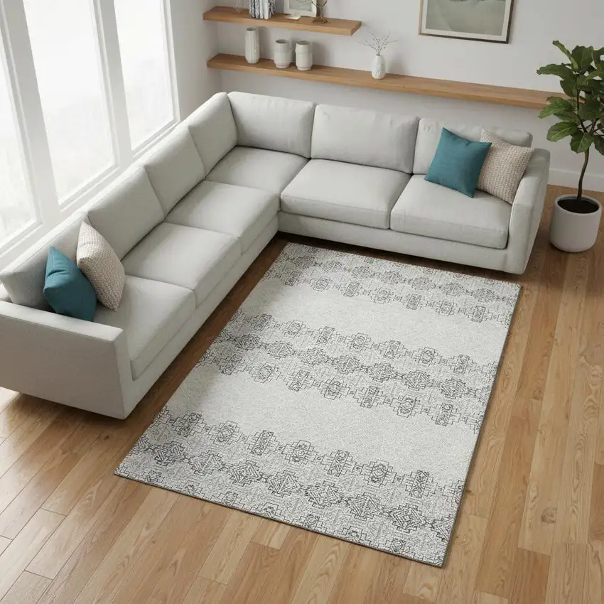 Gray And Ivory Southwestern Washable Area Rug With UV Protection Photo 2