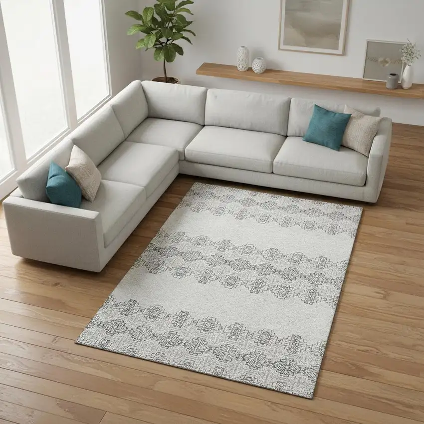 Gray And Ivory Southwestern Washable Area Rug With UV Protection Photo 2