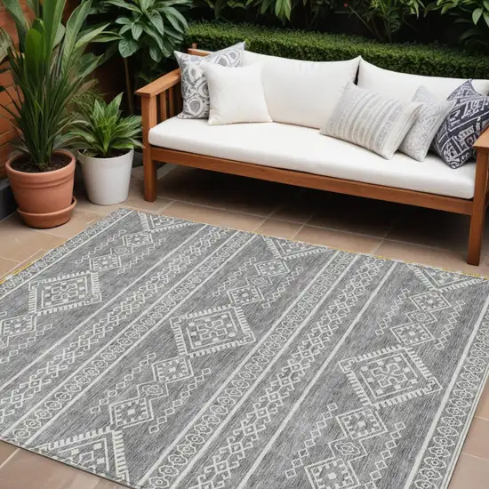 Gray And Ivory Southwestern Washable Indoor Outdoor Area Rug Photo 1