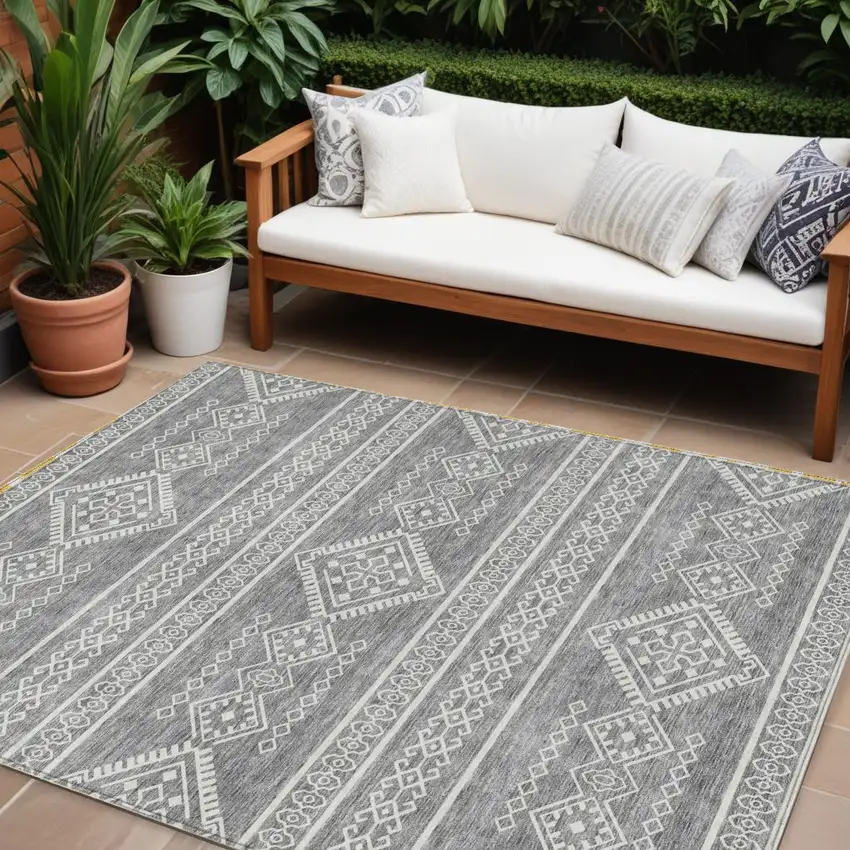 Gray And Ivory Southwestern Washable Indoor Outdoor Area Rug Photo 1