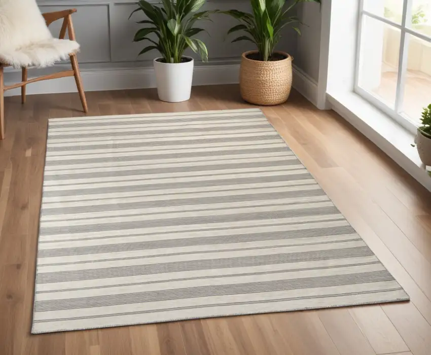 Gray and Ivory Striped Hand Woven Area Rug Photo 1