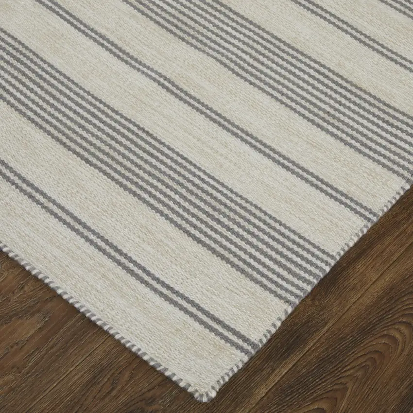 Gray And Ivory Striped Dhurrie Hand Woven Stain Resistant Area Rug Photo 7