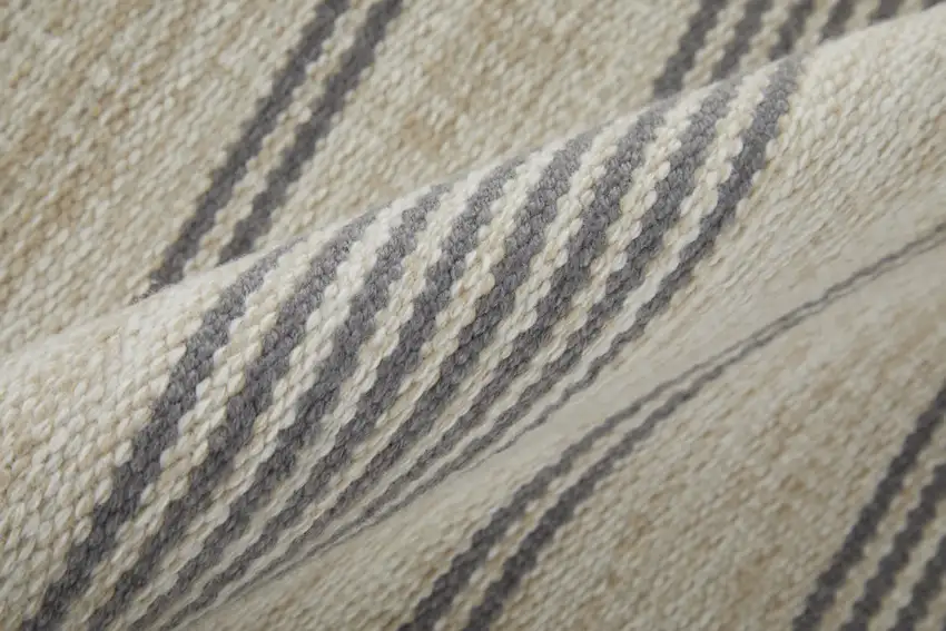 Gray And Ivory Striped Dhurrie Hand Woven Stain Resistant Area Rug Photo 8