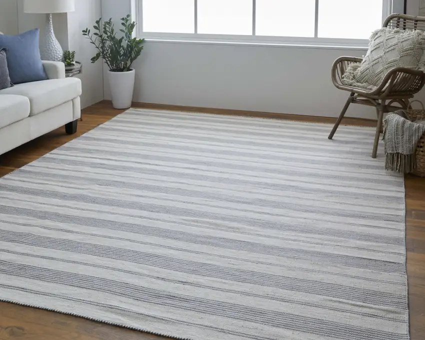 Gray and Ivory Striped Hand Woven Area Rug Photo 5