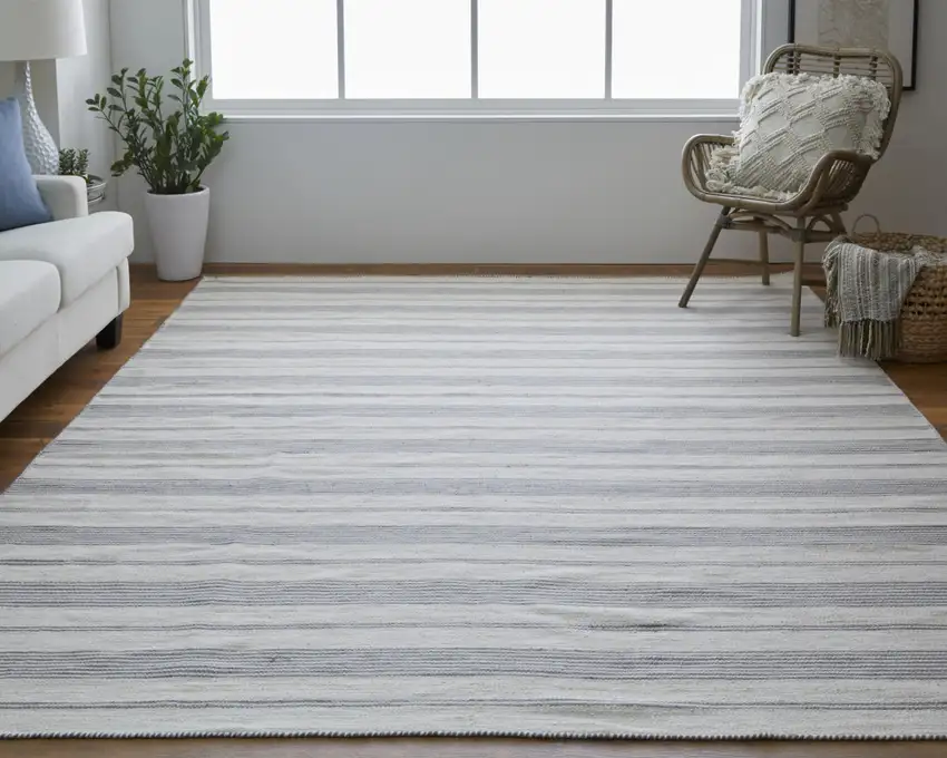 Gray And Ivory Striped Dhurrie Hand Woven Stain Resistant Area Rug Photo 6