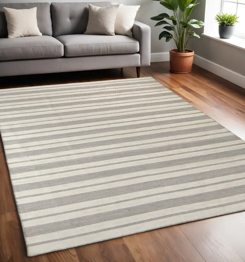 Gray And Ivory Striped Dhurrie Hand Woven Stain Resistant Area Rug Photo 1