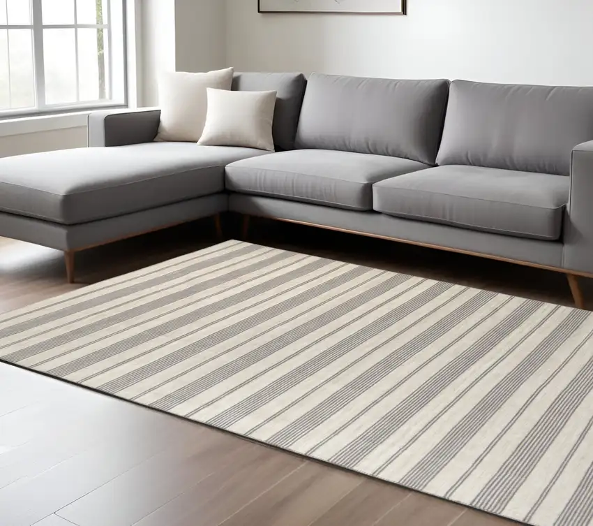 Gray and Ivory Striped Hand Woven Area Rug Photo 1
