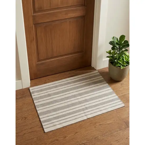 Gray And Ivory Striped Dhurrie Hand Woven Stain Resistant Area Rug Photo 1