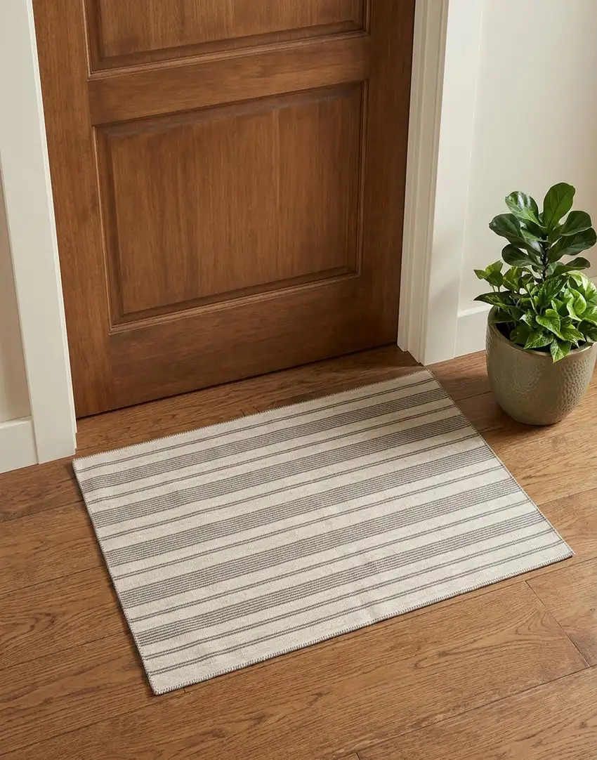 Gray And Ivory Striped Dhurrie Hand Woven Stain Resistant Area Rug Photo 1