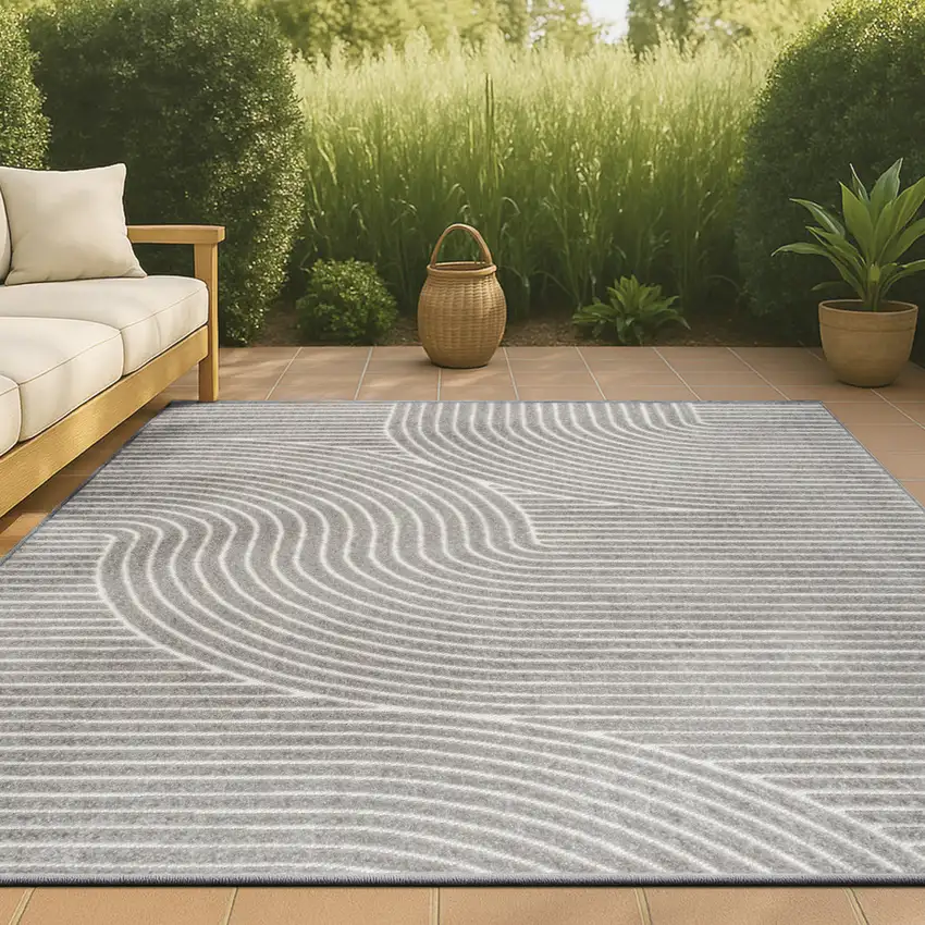 Gray And Ivory Striped Indoor Outdoor Area Rug Photo 4