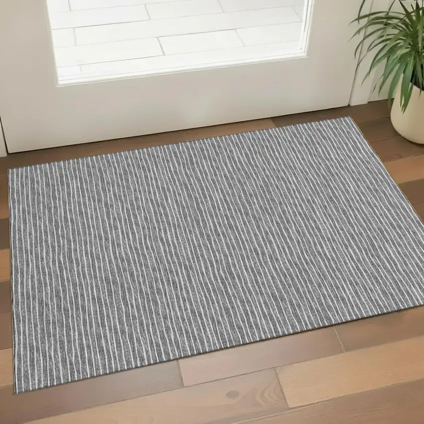 Gray And Ivory Striped Washable Area Rug With UV Protection Photo 1