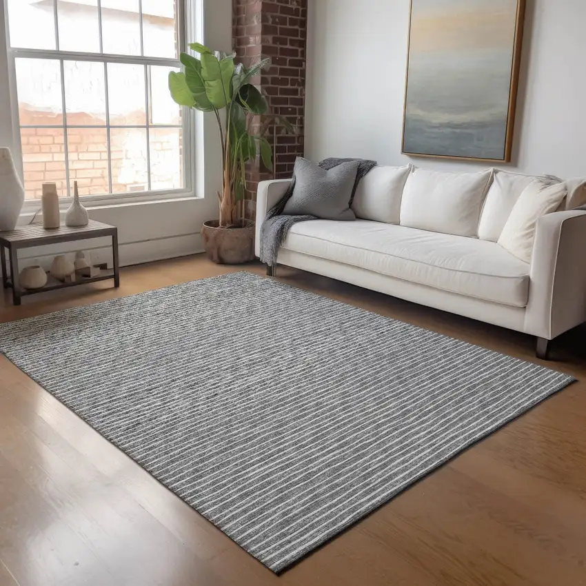 Gray And Ivory Striped Washable Area Rug With UV Protection Photo 5