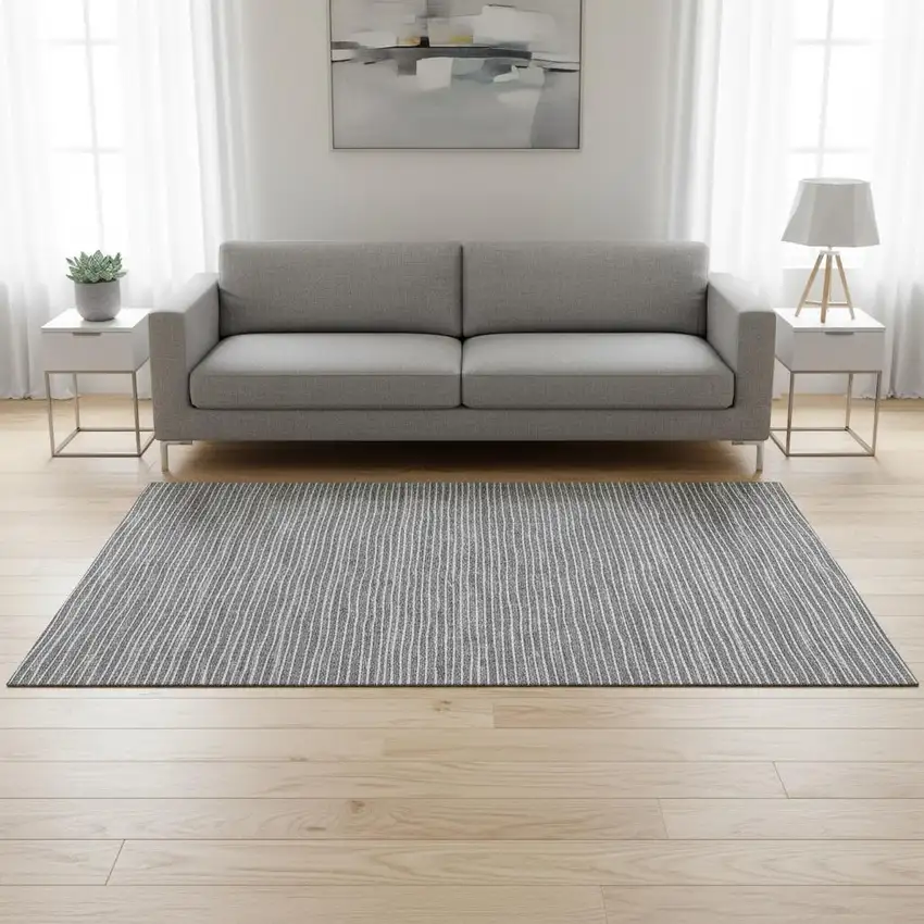 Gray And Ivory Striped Washable Area Rug With UV Protection Photo 1