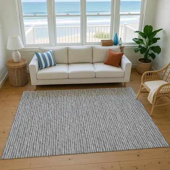 Gray And Ivory Striped Washable Area Rug With UV Protection Photo 6