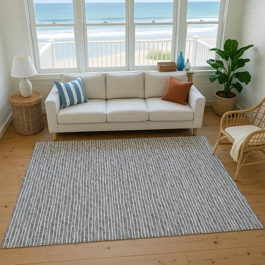 Gray And Ivory Striped Washable Area Rug With UV Protection Photo 6