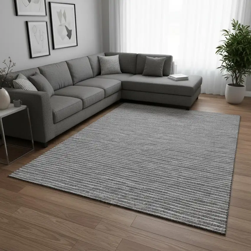 Gray And Ivory Striped Washable Area Rug With UV Protection Photo 1