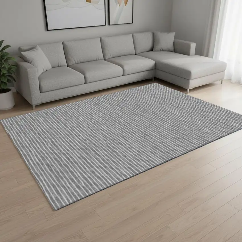 Gray And Ivory Striped Washable Area Rug With UV Protection Photo 1