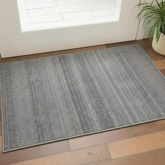 Gray And Ivory Striped Washable Area Rug With UV Protection Photo 1