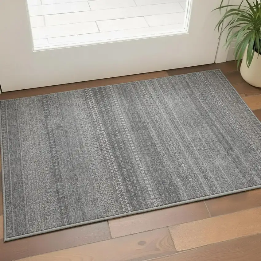 Gray And Ivory Striped Washable Area Rug With UV Protection Photo 1