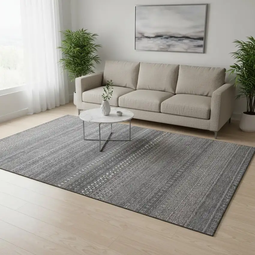 Gray And Ivory Striped Washable Area Rug With UV Protection Photo 2