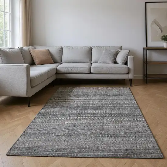 Gray And Ivory Striped Washable Area Rug With UV Protection Photo 2