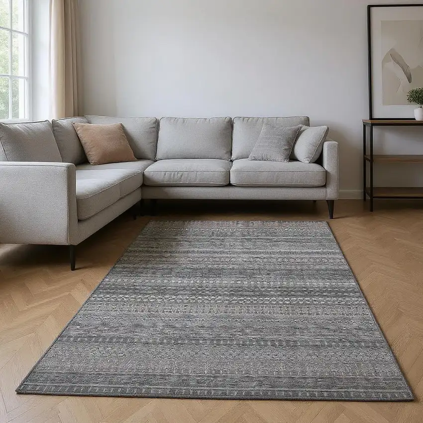 Gray And Ivory Striped Washable Area Rug With UV Protection Photo 2