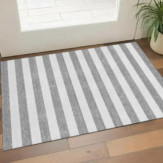 Gray And Ivory Striped Washable Area Rug With UV Protection Photo 1