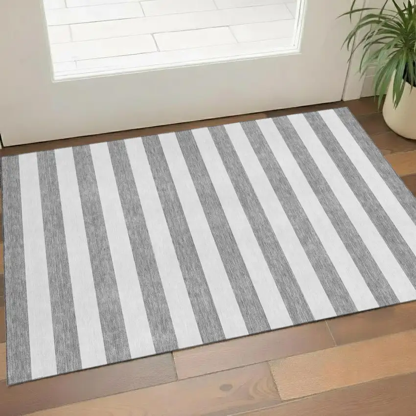 Gray And Ivory Striped Washable Area Rug With UV Protection Photo 1