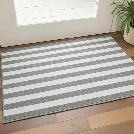 Gray And Ivory Striped Washable Area Rug With UV Protection Photo 2