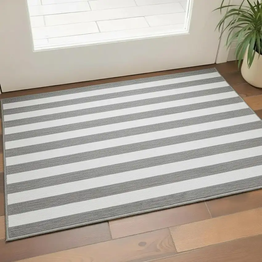Gray And Ivory Striped Washable Area Rug With UV Protection Photo 2