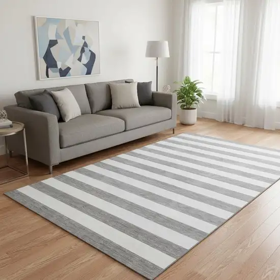 Gray And Ivory Striped Washable Area Rug With UV Protection Photo 2