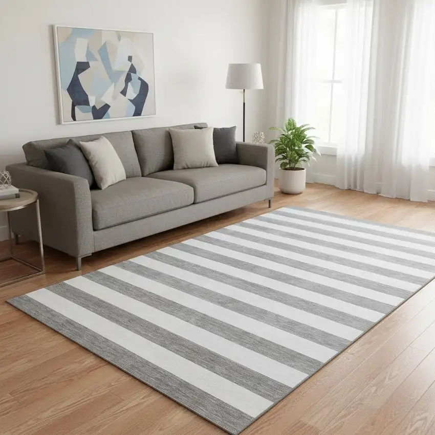 Gray And Ivory Striped Washable Area Rug With UV Protection Photo 2