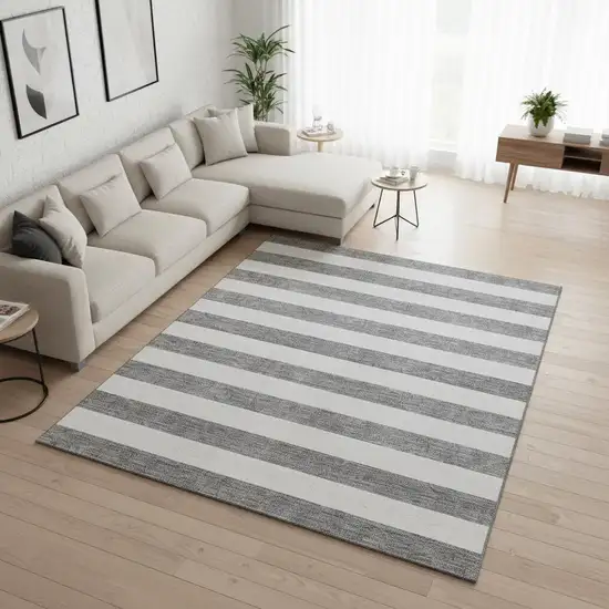 Gray And Ivory Striped Washable Area Rug With UV Protection Photo 2