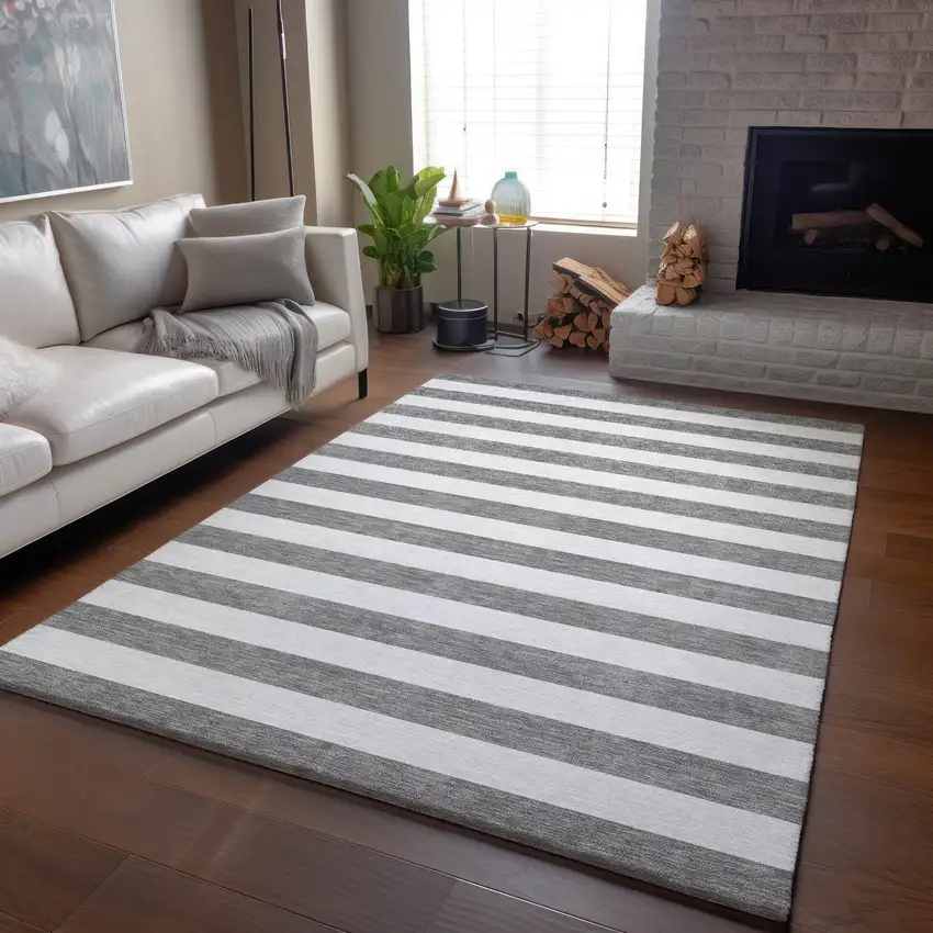 Gray And Ivory Striped Washable Area Rug With UV Protection Photo 7
